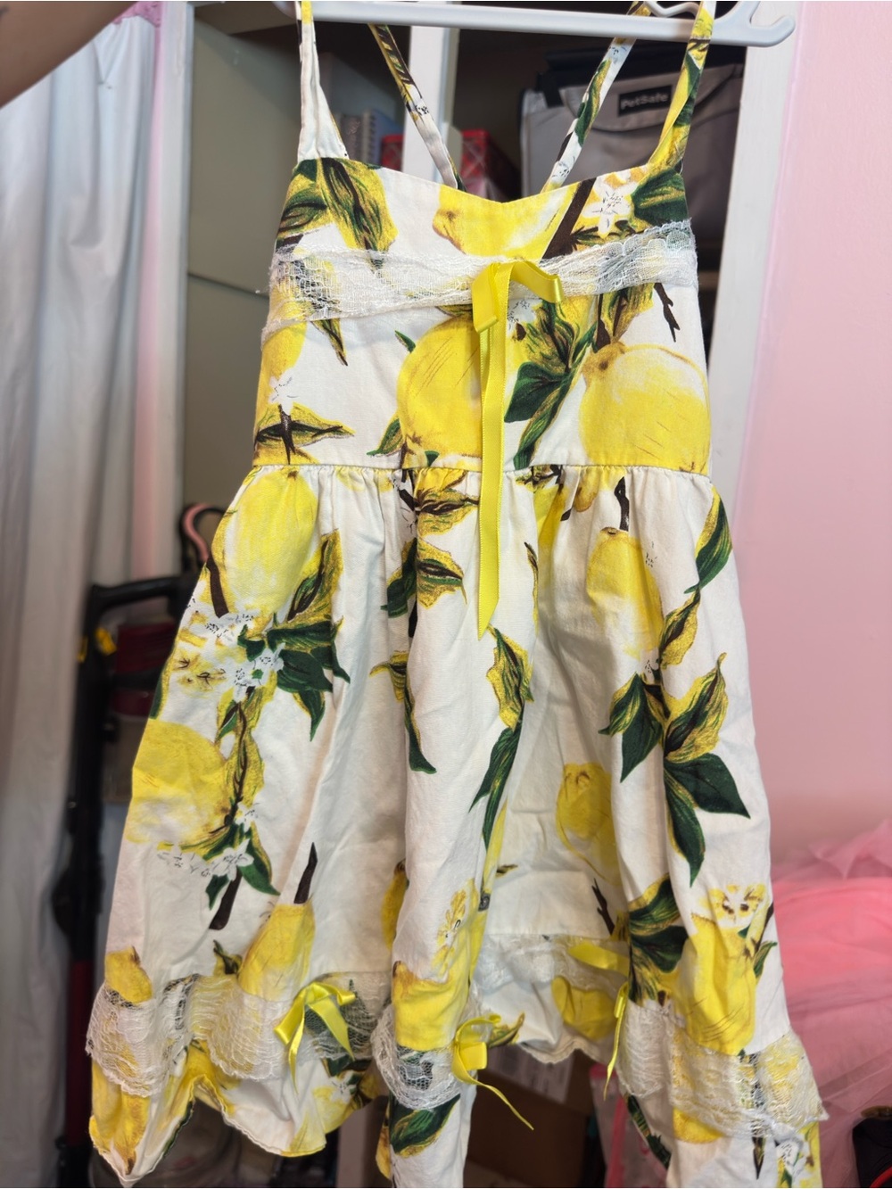 Girls Yellow Lemon Print Sundress with Lace Trim